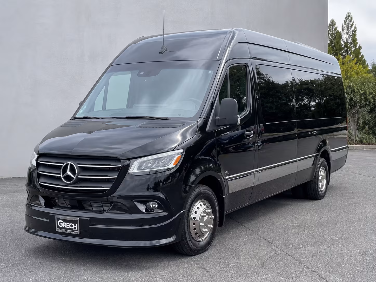 group beside a mercedes sprinter limo in torrance